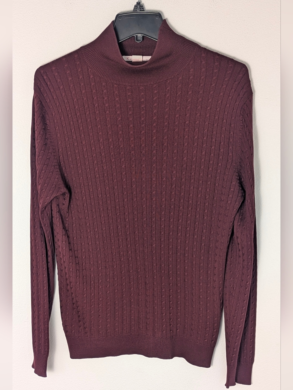 Katie & Elie Women's 100 % Silk Thin Cable Knit Sweater Burgundy Turtle Neck EUC